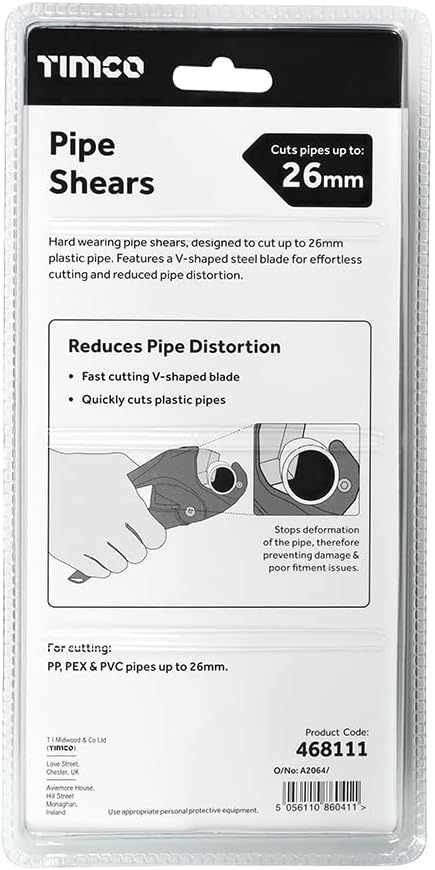 TIMCO Pipe Shears - Hard Wearing - Fast Cutting V-Shaped Blade - Excellent for Use on Plastic Pipe - 0-26mm