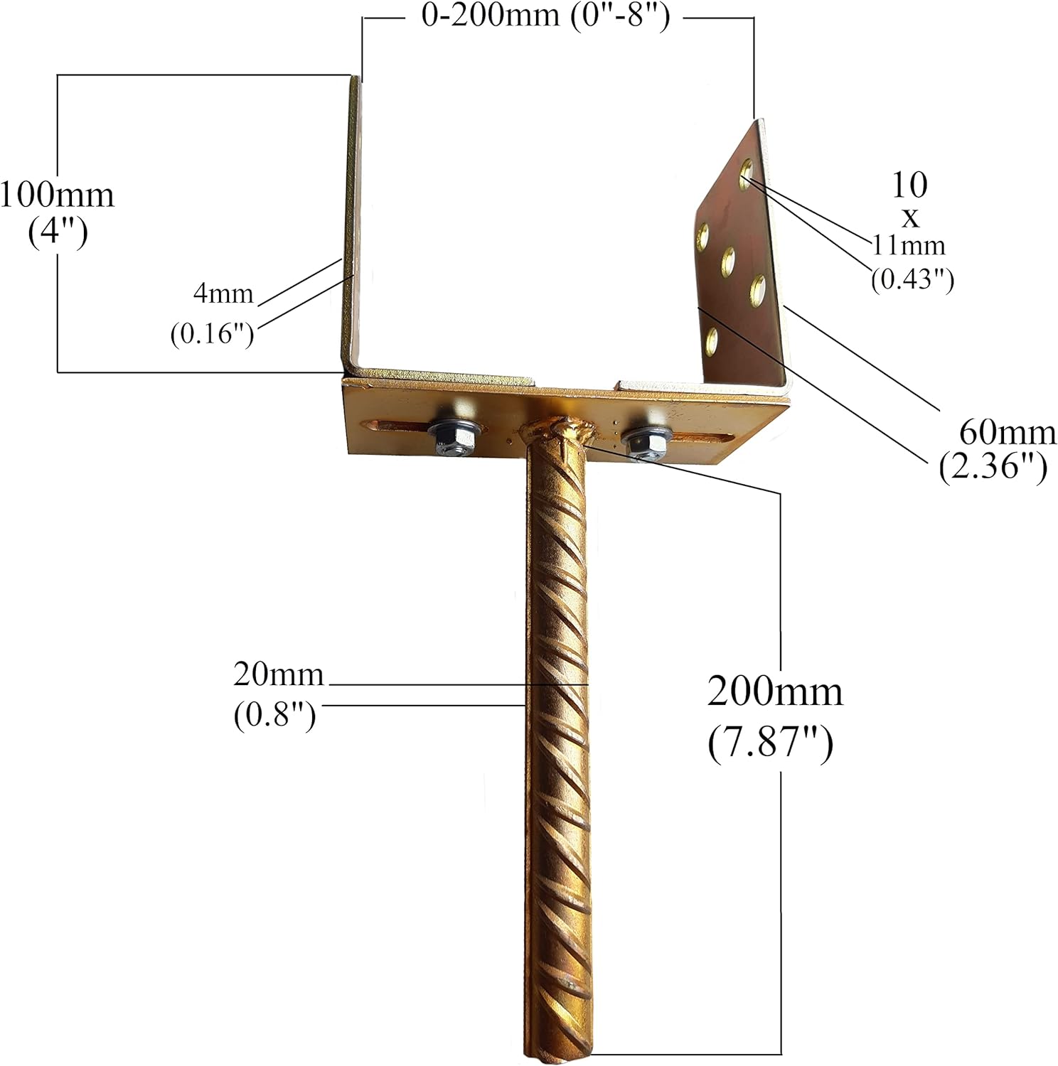 U Type Post Fence Foot Width and Screw-On Adjustable Support Shaped Galvanised Concrete in U Heavy Duty Anchor Riffler Tool Steel 4mm Thick 4 6 8 x 4 - 8inch ( 100mm x 0- 100mm 150mm 200mm)