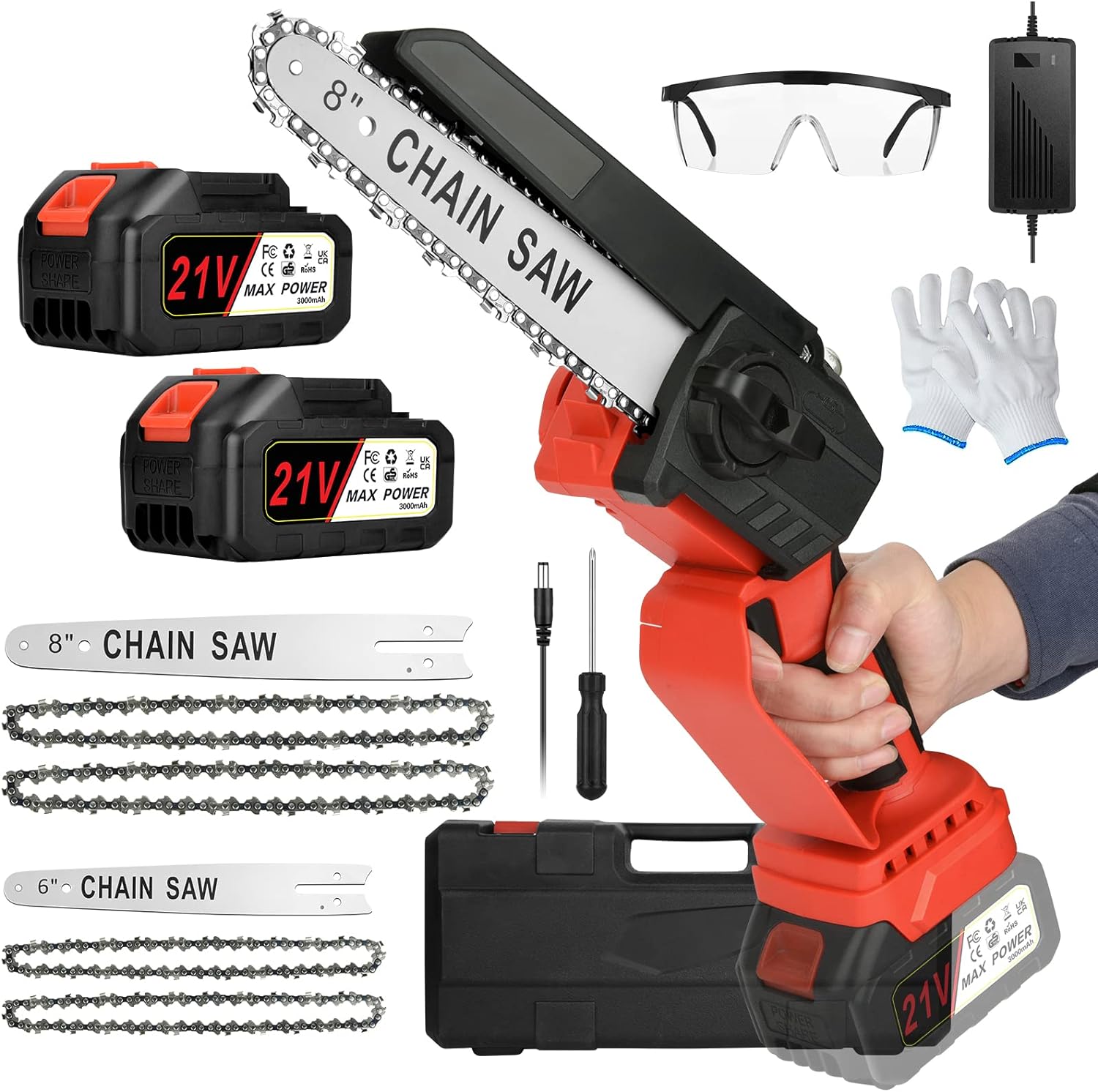 Mini Chainsaw Cordless, 21V Electric Battery Chainsaw 6inch 8inch with 2 Pack 3.0Ah Battery, Garden Pruning Saw Brushless Motor 4 Chains and Safety Lock for Tree Branch Wood Cutting