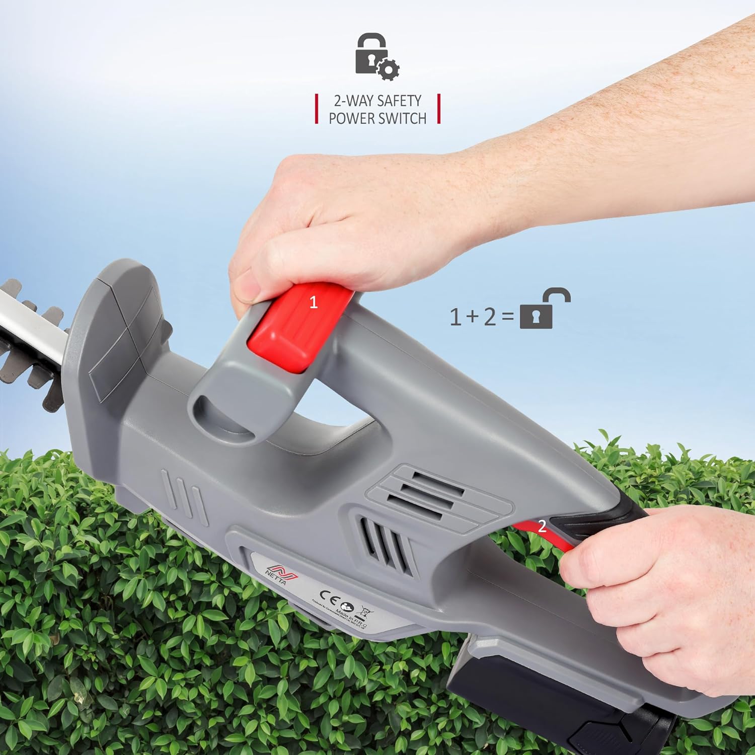 NETTA Cordless Hedge Trimmer Cutter - Ultra-Light, Battery Charger Included – 350 mm Blade Length, 14 mm Tooth Opening