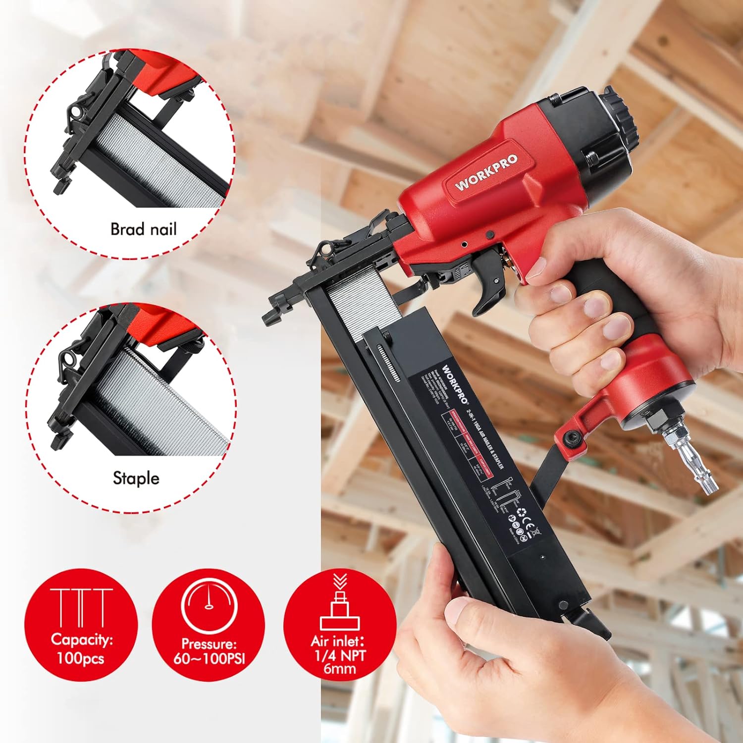 WORKPRO Air Brad Nailer Gun 50mm, 2-in-1 Nail Gun/Upholstery Stapler, Accepts 18G Nails 15-50mm Type 90 Staples 16-40mm, Lightweight Aluminum Body, Come with 400pcs Nails and 300pcs Staples