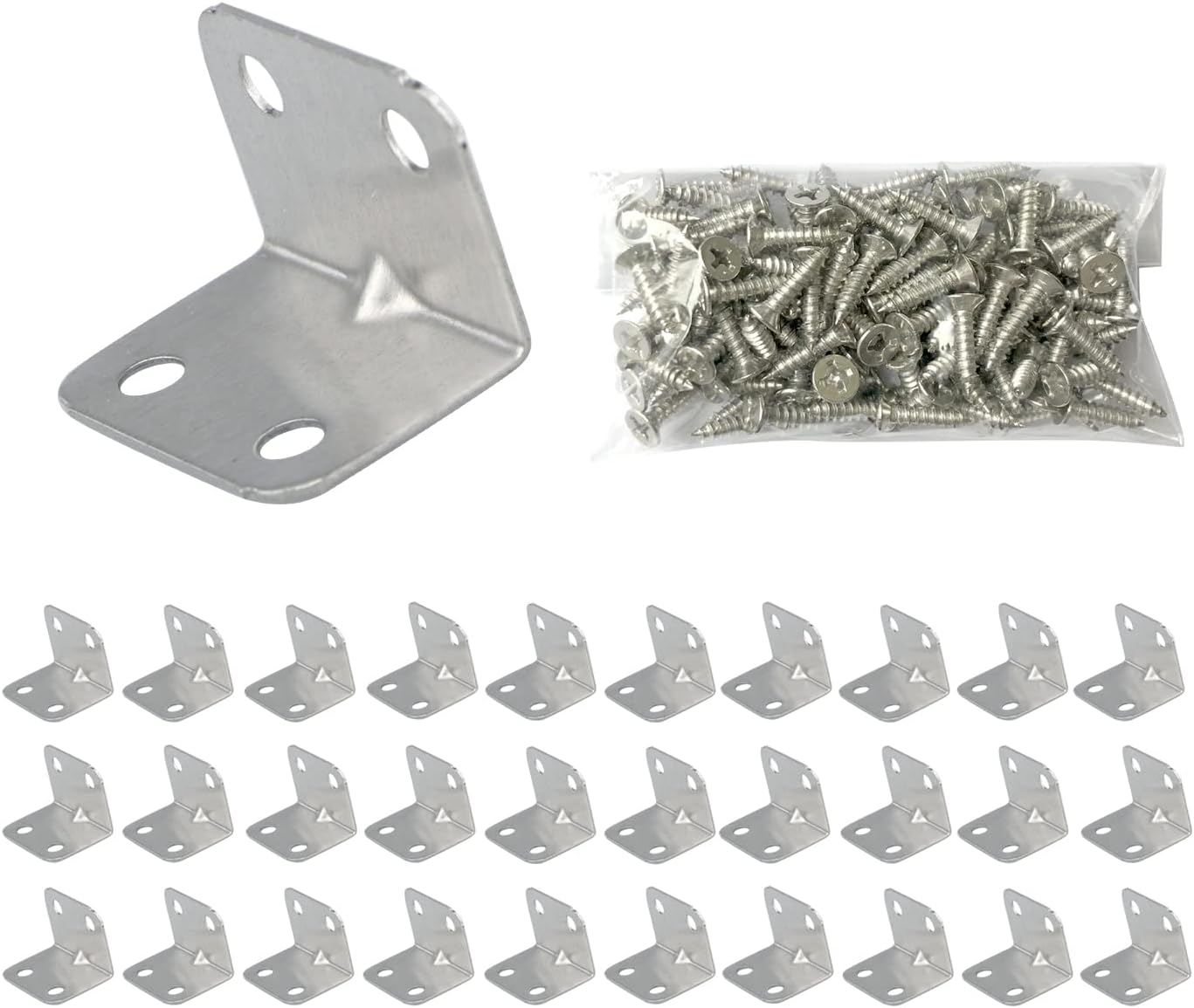 Angle Brackets 30 Pcs,L Sleeper Brackets Metal Corner Braces, Stainless Steel Right Angle Braces Bracket for Wood,Fix and Repair for Indoor and Outdoor Wooden Furniture,Fences,Windows(Silver)