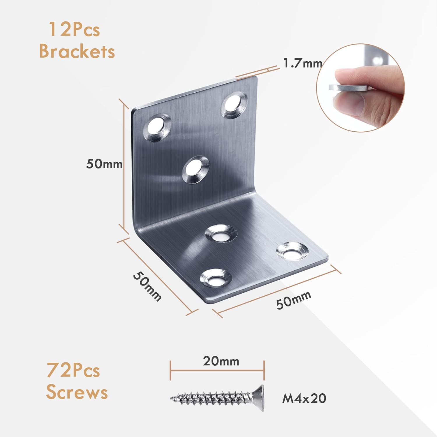 Gorffy Angle Brackets 12 Pcs, L Bracket 50 x 50 x 50 x 1.7mm, Stainless Steel Sleeper Brackets with 72 Screws, Heavy Duty Right Angle Corner Brackets for Wood, Metal Corner Braces for Fixing Timber