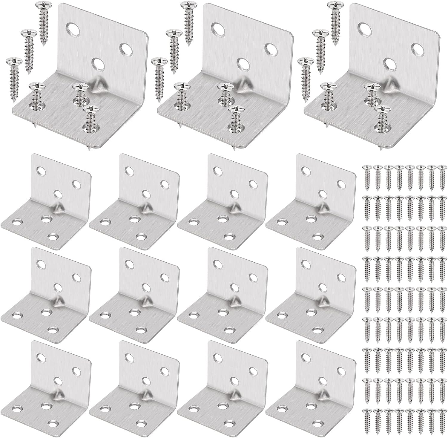 Hejo 15PCS Angle Brackets, 30x30x38x1.5mm Sleeper Brackets Stainless Steel L Bracket with 90PCS Screws, 6 Holes Durable Corner Bracket with Smooth Edges for DIY Furniture Fixations and Corner