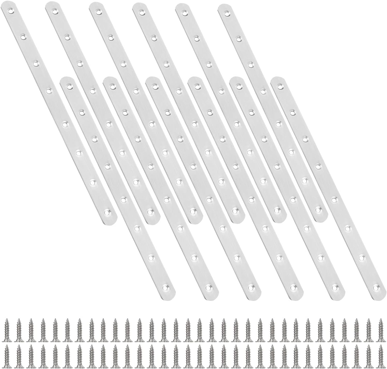 JMIATRY 12 Pcs Mending Plates, Metal Straight Brackets for Wood, 295mm Stainless Steel Sleeper Brackets with 120 Pcs Screws, Heavy Duty Flat Sleeper Fixings Metal Plate for Furniture Repair