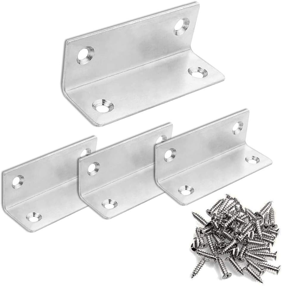 OBELON Right Angle Brackets Heavy Duty Stainless Steel Metal Corner Bracket L Shaped Repair Fixing Supports for Wood Shelves Planters Raised Garden Bed with Screws, 60x25x25mm, Pack of 4, Silver