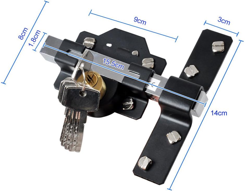 Concise Home 50mm Double Long Throw Gate Lock 5 Keys Garden Locking Both Sides