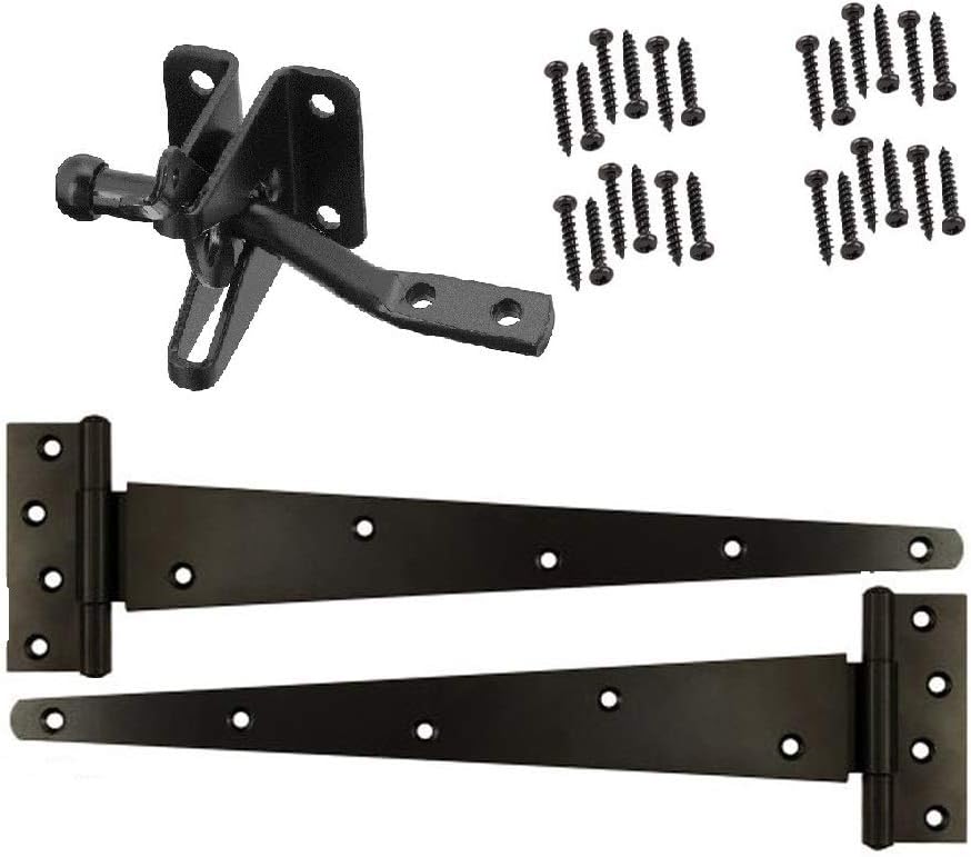 Merriway BH07087 Heavy Duty Wooden Garden Gate Hanging Kit, 2 x 12 inch Black Tee Hinges, Black Auto Close Latch All Fixings