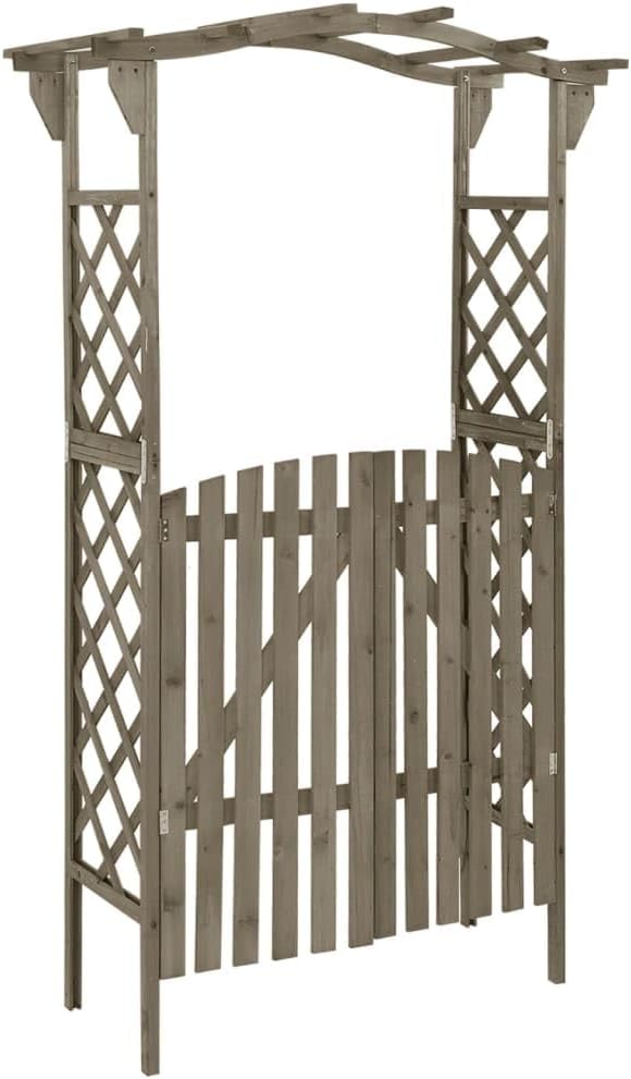 vidaXL Pergola with Gate in Grey - Solid Firwood and Pine Wood Construction, Versatile Outdoor Garden Arch, Weather-Resistant, Decorative Addition to Garden Path, 116x40x204 cm