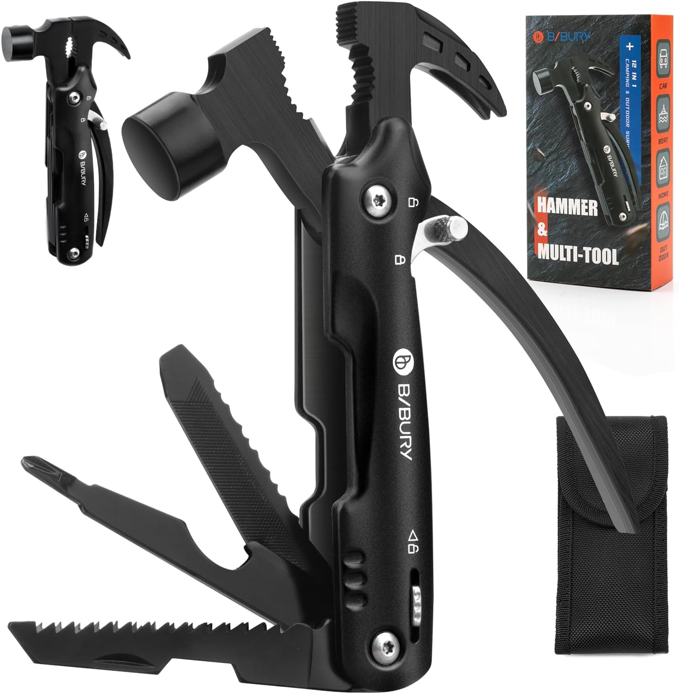 BIBURY Mini Hammer Multitool, Gifts for Men, Unique Christmas Birthday Gift Ideas, Outdoor Accessories Camping Tools for Hiking, DIY Activities, Home Improvement Black