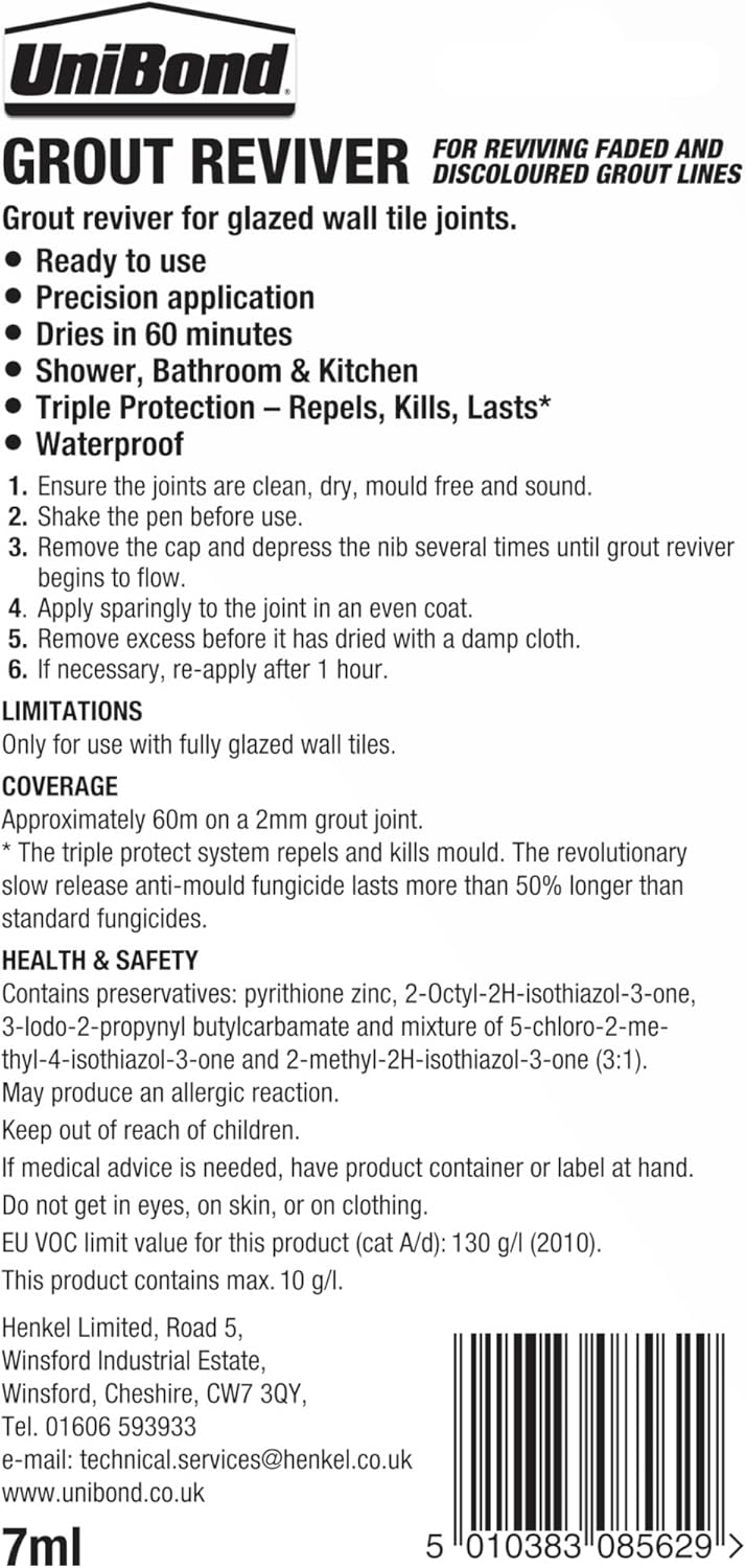 Unibond Grout Reviver Pen, White Grout Pen for Bathroom Grout Joints, Easy to Use Tile Grout Pen, Whitener for Restoring Discoloured Faded Joints, 1x7ml [Energy Class A]