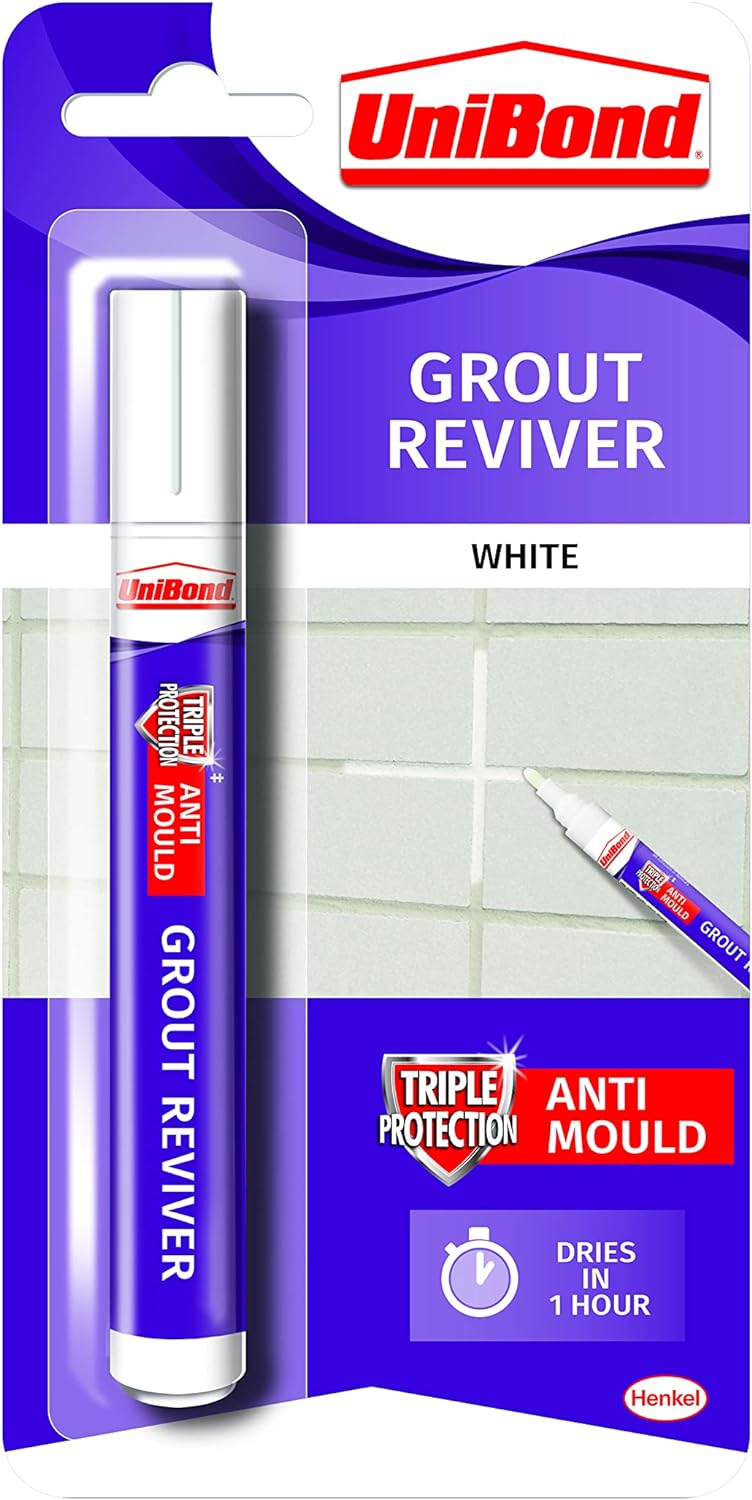 Unibond Grout Reviver Pen, White Grout Pen for Bathroom Grout Joints, Easy to Use Tile Grout Pen, Whitener for Restoring Discoloured Faded Joints, 1x7ml [Energy Class A]