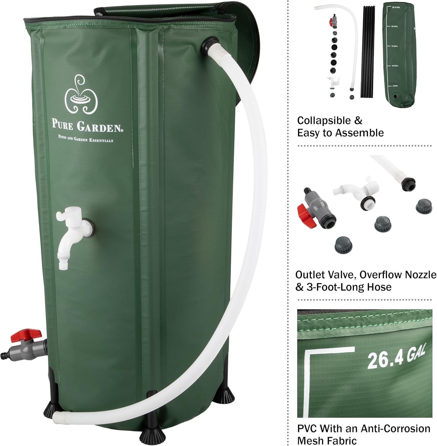 Pure Garden 50-LG1409 26.4Gal/100L Collapsible Rain Barrel, Green