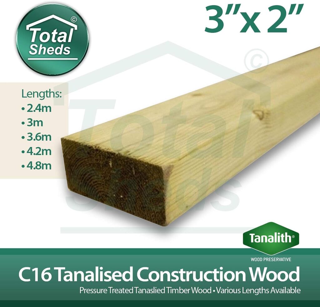 3x2 C16 Treated Tanalised Timber Studwork Various Sizes 2.4m 3.0m 3.6m 4.2m 4.8m (Wood, 2.4m (8ft))