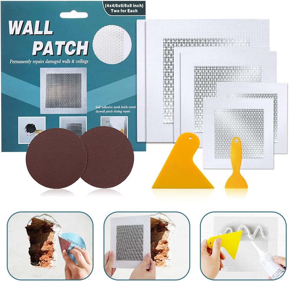 4 6 8 (Two of Each) Wall Repair Patch, Plasterboard Patch, Safe Mend Plaster Repair Kit, Safemend Drywall Repair Adhesive, Filler for Walls Ceiling Hole, Self Adhesive Aluminum Mesh Wall Repair