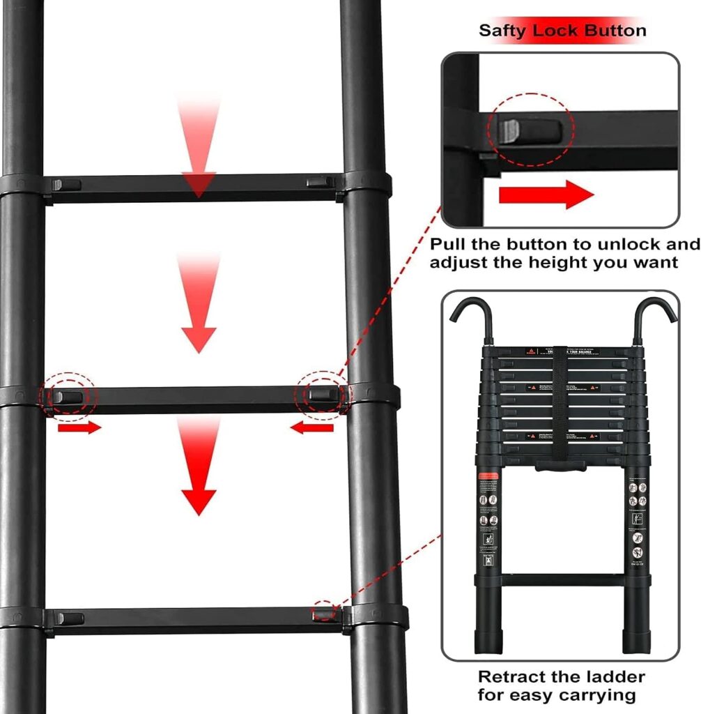 6.2M Heavy Duty Telescopic Ladders With Hooks 14 Steps Aluminum Extending Roof Ladder for Multi-Purpose Indoor Outdoor Roof Work Decoration Builder Supply 150KG Capacity - Black