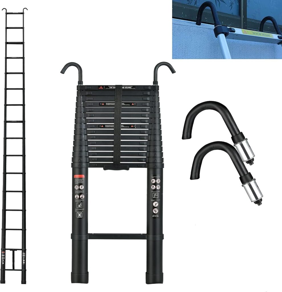 6.2M Heavy Duty Telescopic Ladders With Hooks 14 Steps Aluminum Extending Roof Ladder for Multi-Purpose Indoor Outdoor Roof Work Decoration Builder Supply 150KG Capacity - Black