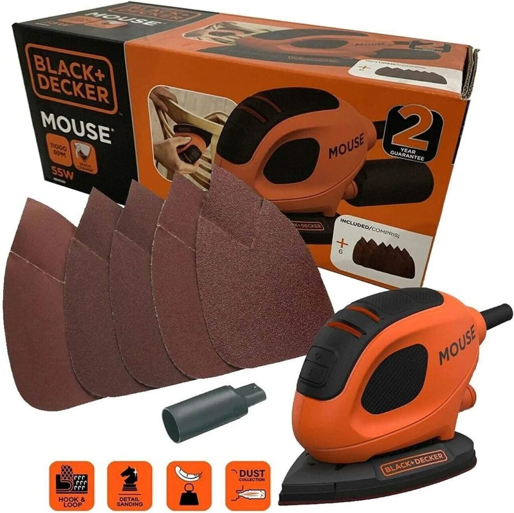 BLACK+DECKER 55 W Detail Mouse Electric Sander with 6 Sanding Sheets, BEW230-GB