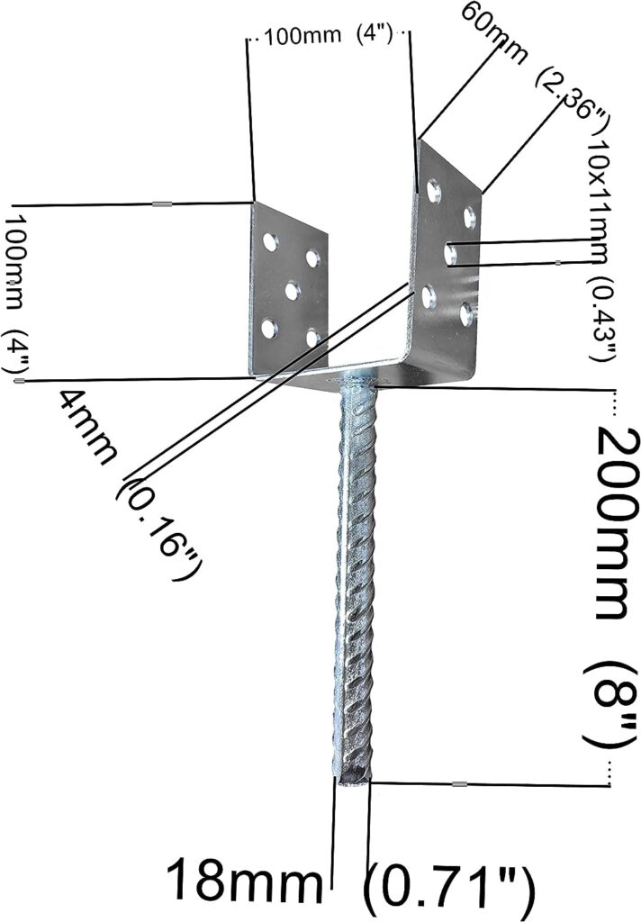 Fence Posts Support U Type Pergola Brackets Extender Foot Shaped Concrete in U Heavy Duty Posts Anchor Tool Spikes Steel Galvanised 4mm Thick 100 x 100 x 60mm- 4 Inch x 4 Inch x 2.3 Inch