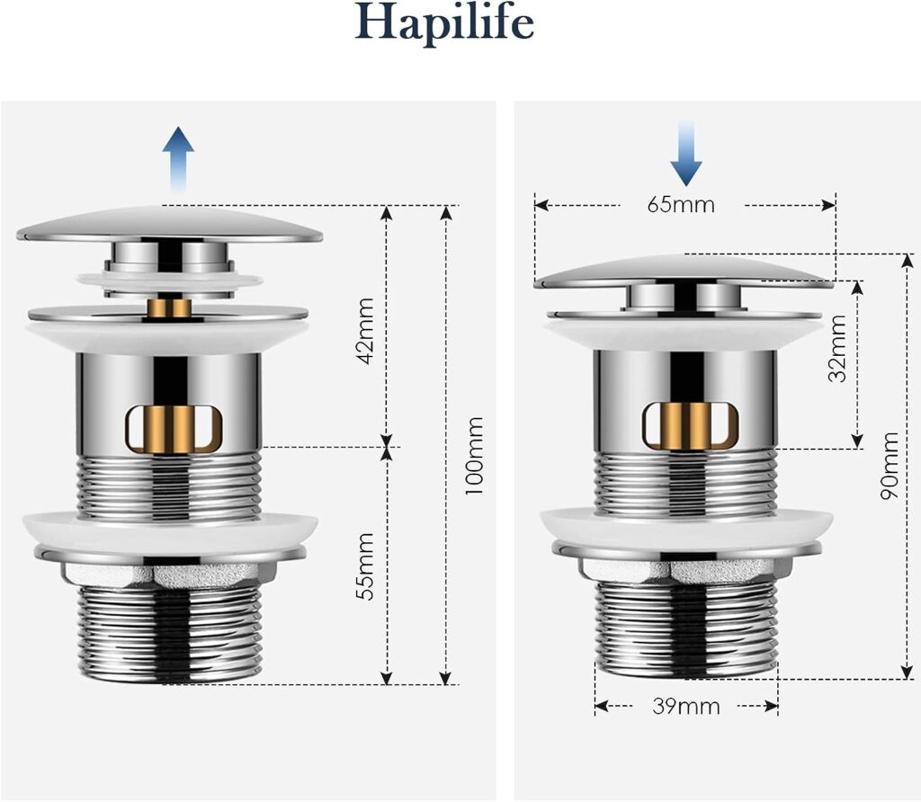 Hapilife Pop Up Waste for Bathroom Sink Modern Basin Waste Chrome Click Clack Sprung Plug Waste for Basin Slotted with Overflow