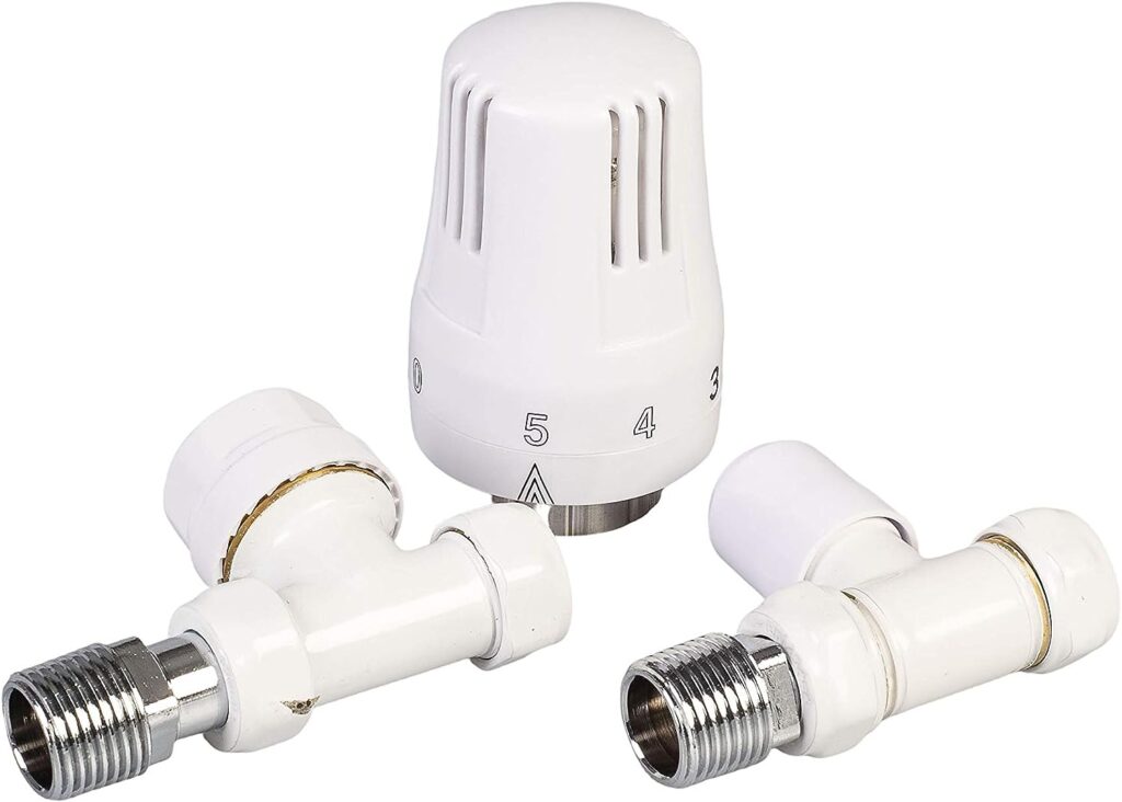 London Taps Thermostatic Radiator Valve TRV and Lockshield Set, White Straight Valves, Standard 15mm Connection, Central Heating Radiator or Towel Rail Valves