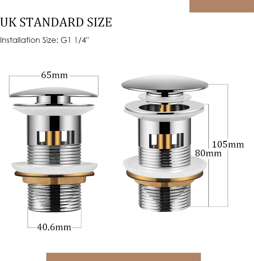 Mighbow Slotted Basin Waste Pop up with Overflow Click Clack Plug Brass Spring Pop-up Bathroom Sink Waste Chrome G1 1/4 BSPP UK Standard