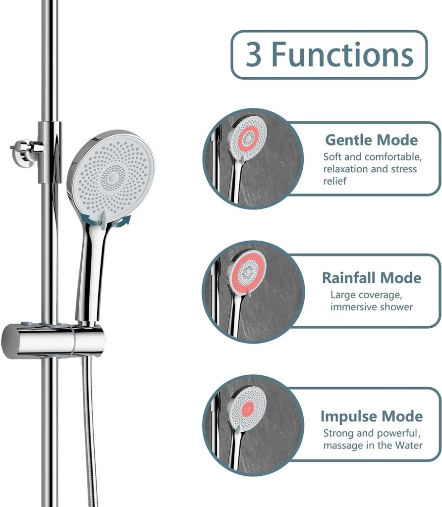 MORADO Thermostatic Shower Mixer Set，Thermostatic Shower System，Adjustable Height Shower Mixer Bar Set for Bathroom,Multifunctional Handheld Shower Unit, Thermostatic Shower Set, Chrome,Round Shape