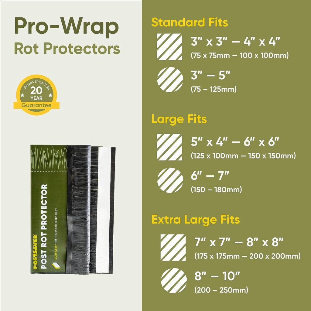 Postsaver Pro-Wrap Standard | Wood Protector | Post Saver Sleeves with Dual-Layer Rot Protector | Fence Protector | 20-Year Guarantee | Fits 3x3” to 4x4 Square and 3” to 5 Round Posts | Pack of 5