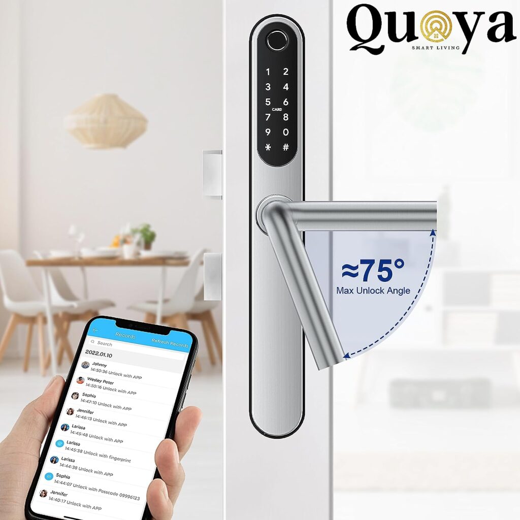 QUOYA D1 Smart Door Lock Handle, 75° Max Turning Angle, IP55 Waterproof, Keyless Keypad Entry, Slim Retrofit, Unlock Method (Fingerprint, RFID keycard, Pin/Passcode, App, Mechanical Key), (Silver)