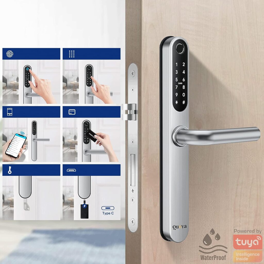 QUOYA D1 Smart Door Lock Handle, 75° Max Turning Angle, IP55 Waterproof, Keyless Keypad Entry, Slim Retrofit, Unlock Method (Fingerprint, RFID keycard, Pin/Passcode, App, Mechanical Key), (Silver)