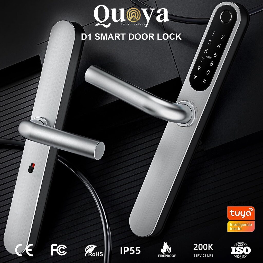 QUOYA D1 Smart Door Lock Handle, 75° Max Turning Angle, IP55 Waterproof, Keyless Keypad Entry, Slim Retrofit, Unlock Method (Fingerprint, RFID keycard, Pin/Passcode, App, Mechanical Key), (Silver)