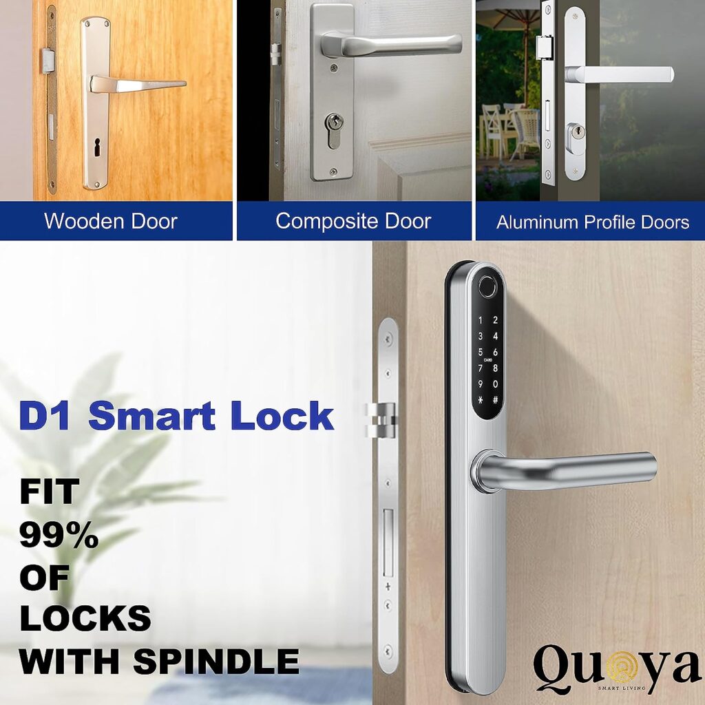 QUOYA D1 Smart Door Lock Handle, 75° Max Turning Angle, IP55 Waterproof, Keyless Keypad Entry, Slim Retrofit, Unlock Method (Fingerprint, RFID keycard, Pin/Passcode, App, Mechanical Key), (Silver)