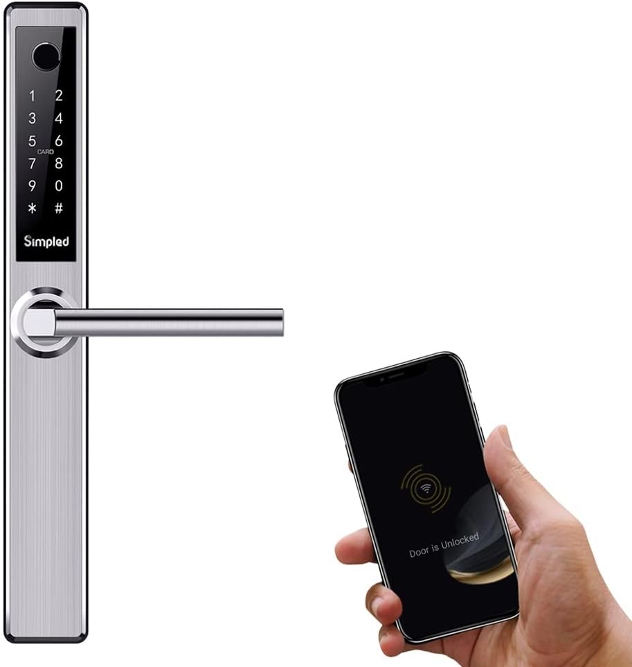 Simpled Weatherproof Slim Series Smart Lock Touch, 7-in-1, Fingerprint Keyless Security Entry Door Lock, Bluetooth Electronic Deadbolt, Smartphone Access - Designed for The UK Weather, Silver