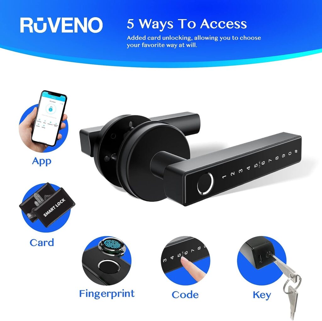 Smart Lock, Ruveno Fingerprint Smart Door Lock, Keyless Entry Smart Lock for Front Door, Electronic Keypad Code Door Lock, Bluetooth Smart Deadbolt, Biometric Fingerprint Key Fobs Smartphone Access