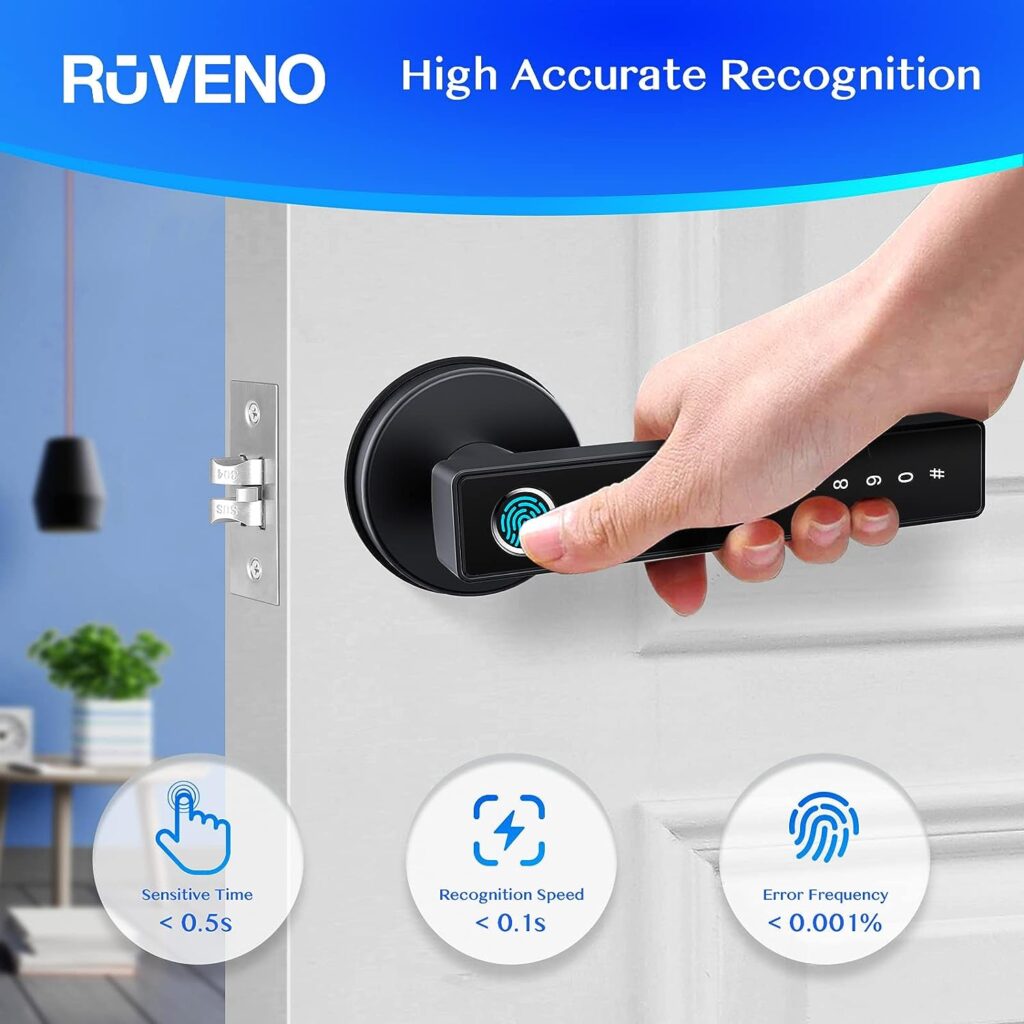 Smart Lock, Ruveno Fingerprint Smart Door Lock, Keyless Entry Smart Lock for Front Door, Electronic Keypad Code Door Lock, Bluetooth Smart Deadbolt, Biometric Fingerprint Key Fobs Smartphone Access