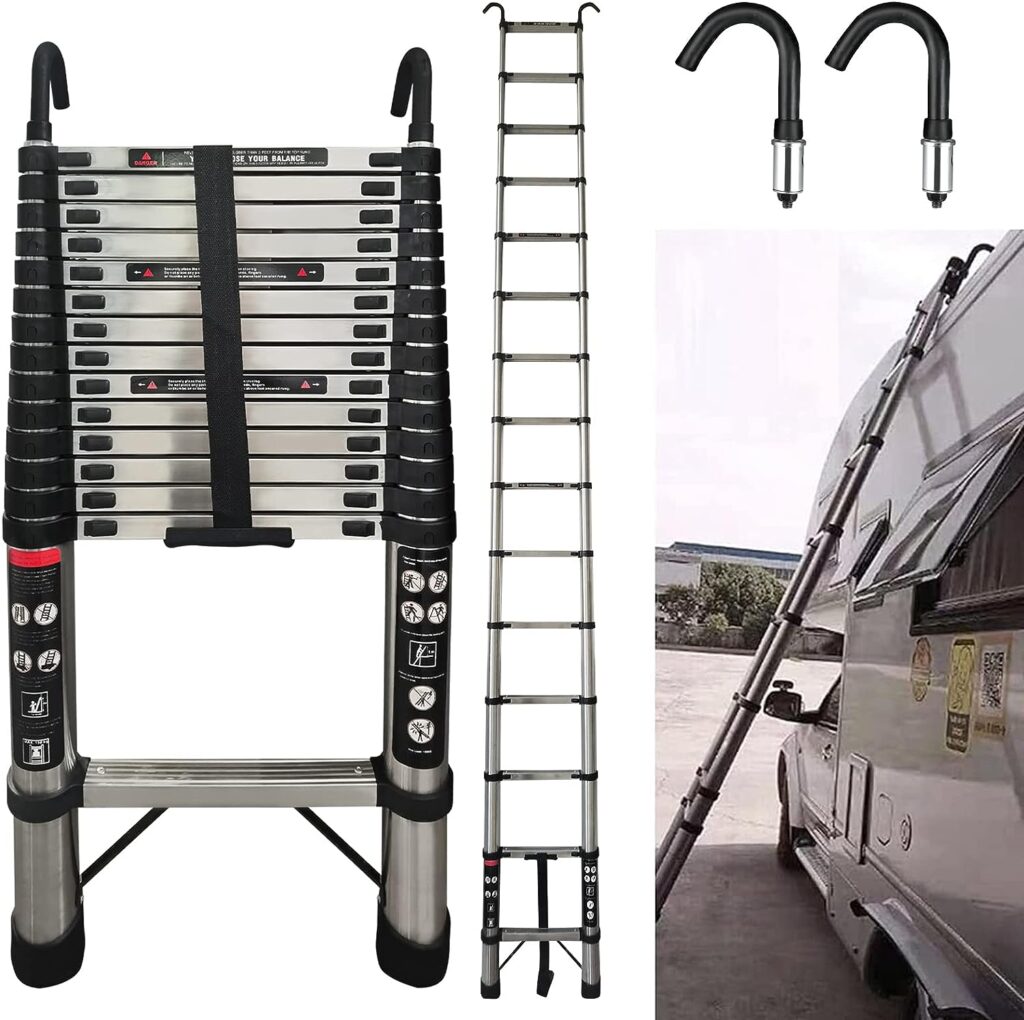 4.4M/14.4FT Telescopic Ladder Extension Telescoping Ladder with Detachable Roof Hooks, Stainless Steel Ladders Portable Extendable Folding Tall Ladder, Camper Trailer Attic Climb Collapsible Ladders