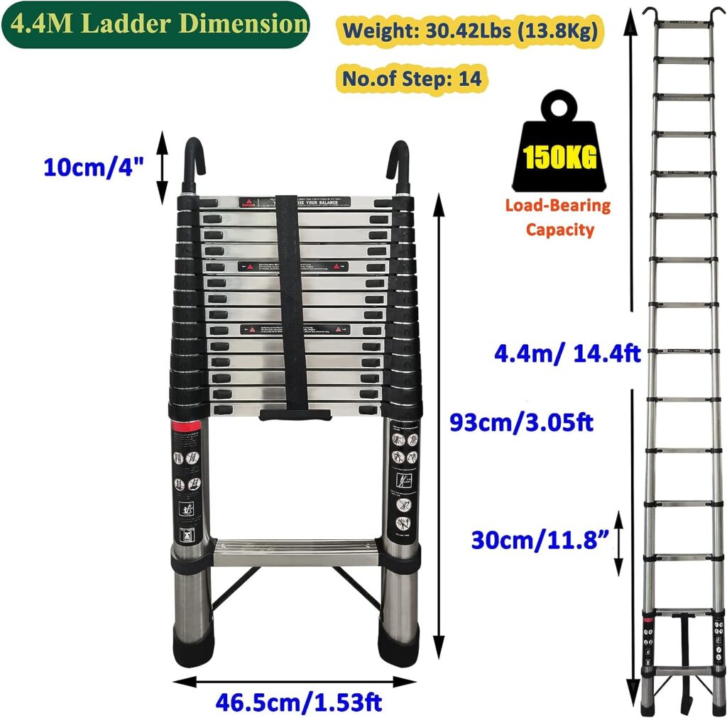 4.4M/14.4FT Telescopic Ladder Extension Telescoping Ladder with Detachable Roof Hooks, Stainless Steel Ladders Portable Extendable Folding Tall Ladder, Camper Trailer Attic Climb Collapsible Ladders