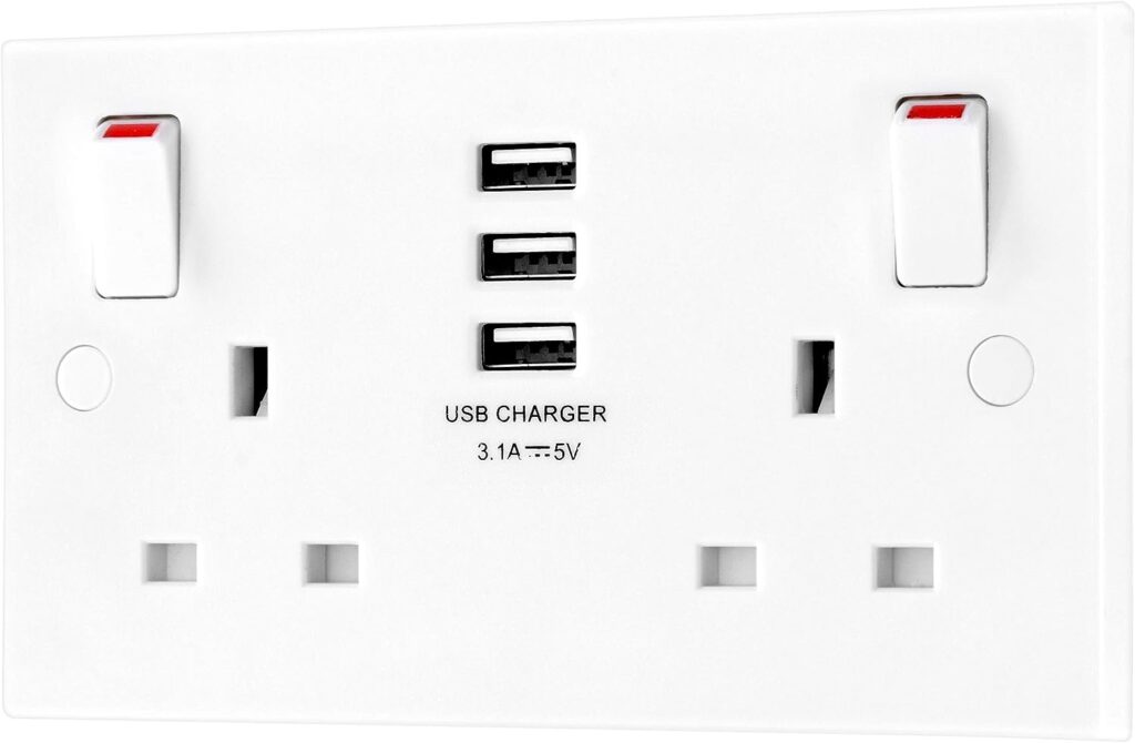 BG Electrical 2021-01FU-4-39400 Double Switched 13 A Fast Charging Power Socket with Three USB Charging Ports, 3.1 A, 5 V, 15.5 W, Square Edge, White