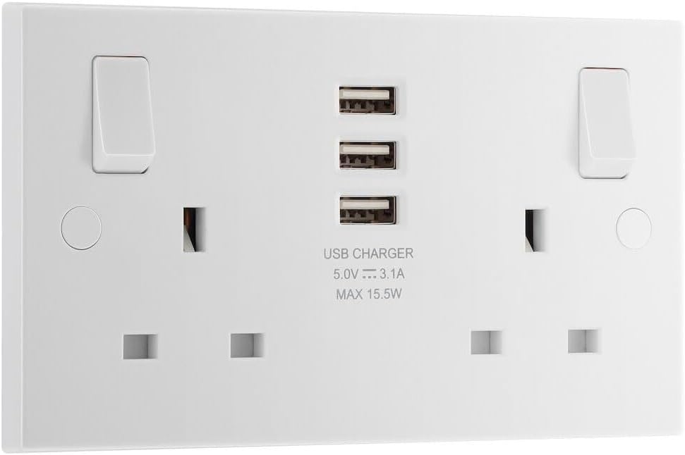 BG Electrical 2021-01FU-4-39400 Double Switched 13 A Fast Charging Power Socket with Three USB Charging Ports, 3.1 A, 5 V, 15.5 W, Square Edge, White