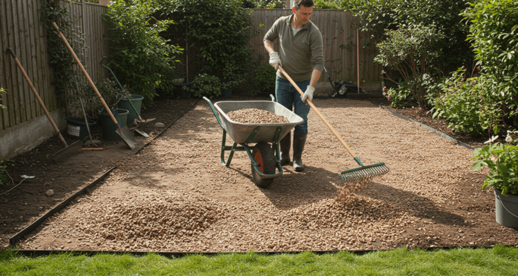 Homeowner laying aggregate in Garden | Building Material Reviews