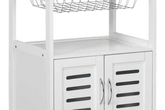 homcom rolling kitchen island trolley utility cart on wheels with bamboo table top storage cabinet drawer and wire baske