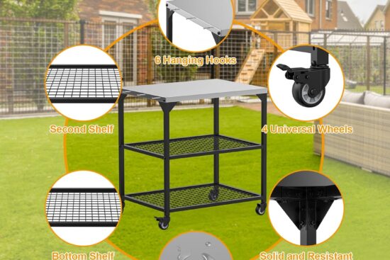 outdoor grill cartpizza oven table with 4 wheelsthree shelf movable dining cart tablebbq food prep work tablestainless s 1